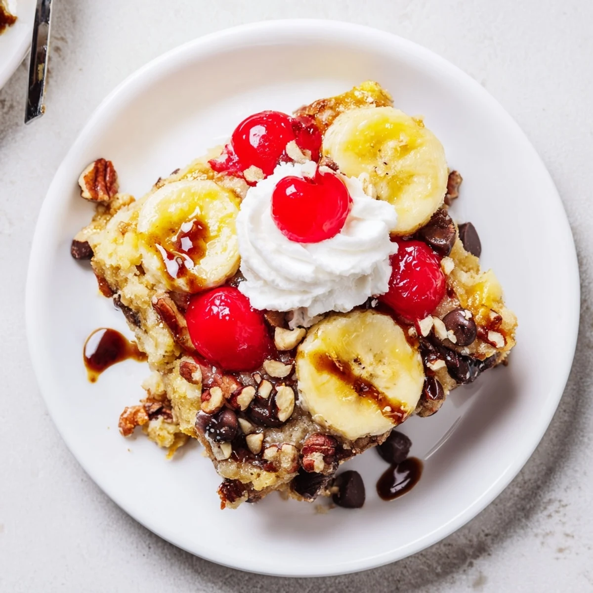 Warm Banana Split Dump Cake bubbling in dish, sliced bananas and cherries