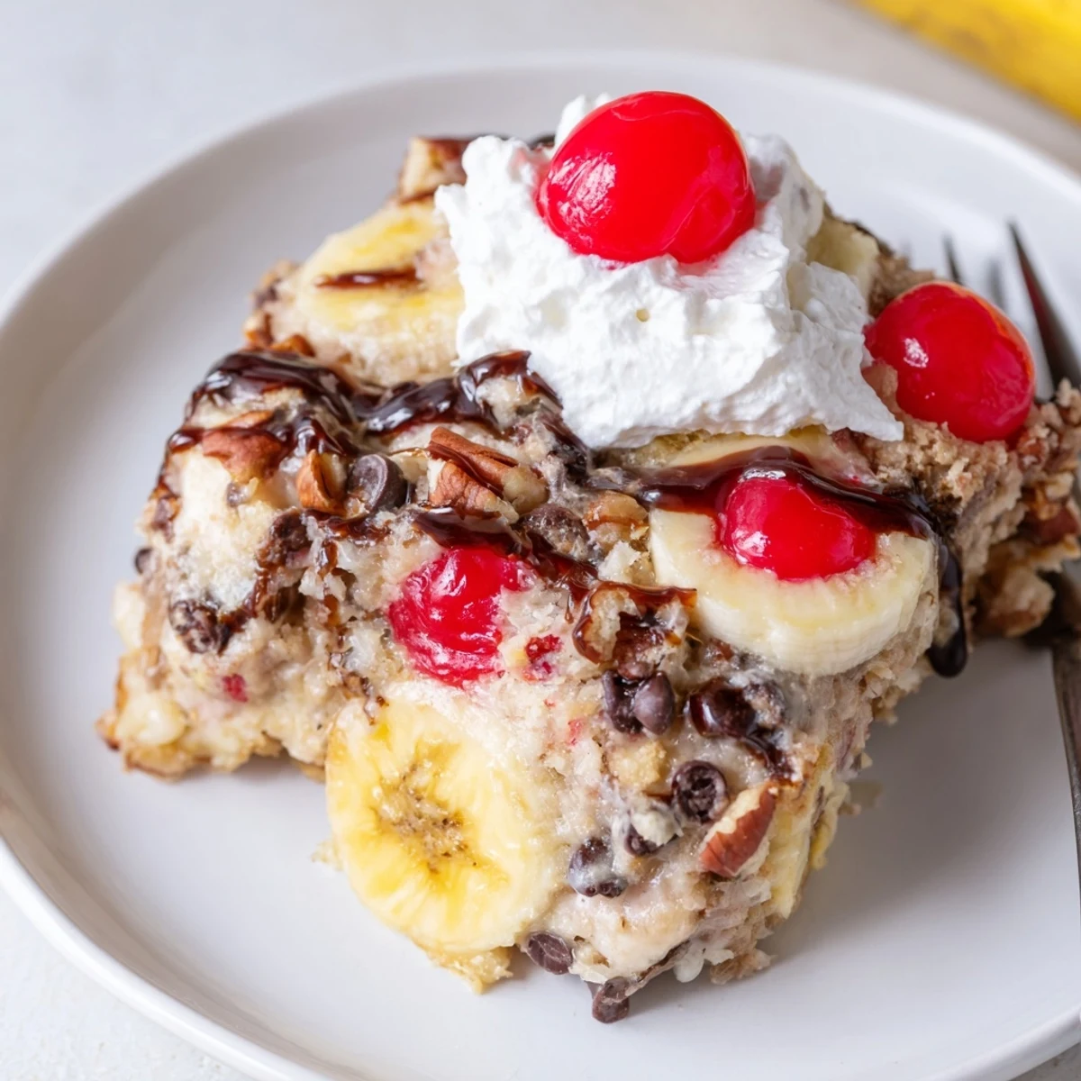 Creamy Banana Split Dump Cake crowned with whipped cream and chocolate drizzle