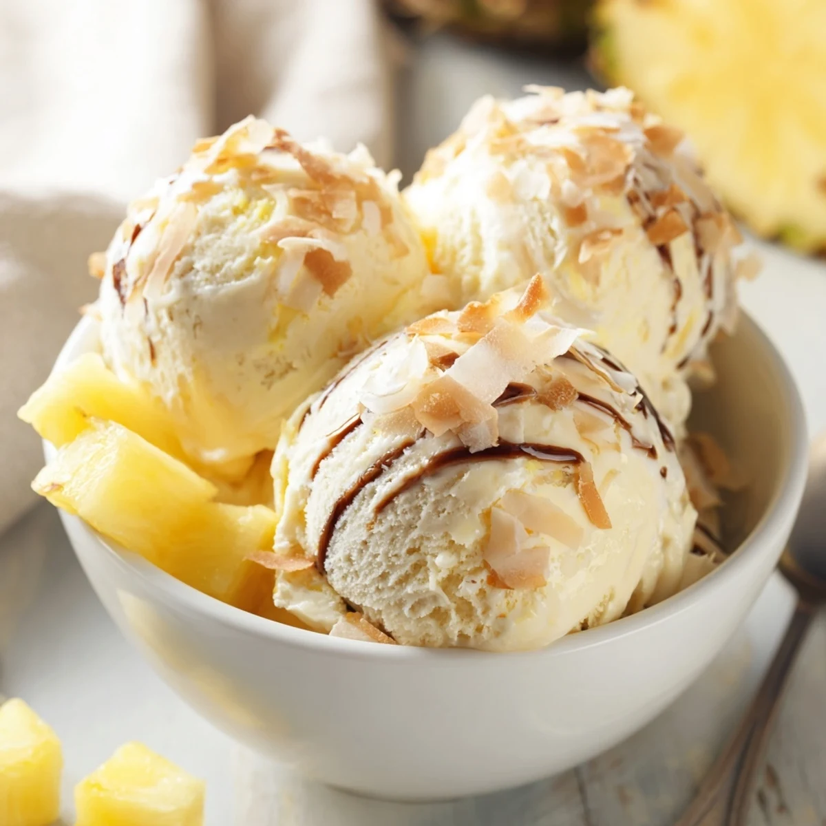 Homemade Creamy Pineapple Ice Cream churned silky-smooth, topped with toasted coconut  