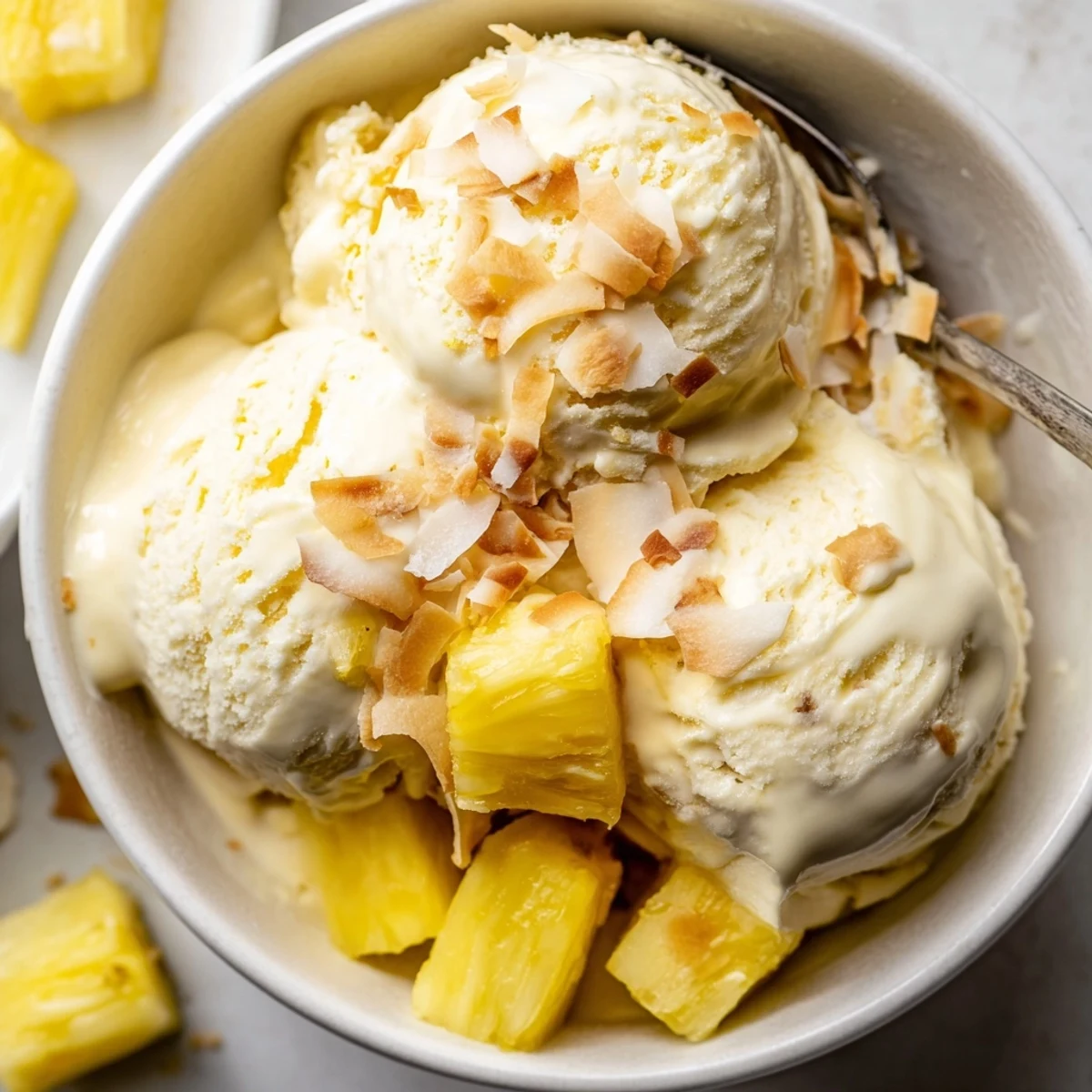 Creamy Pineapple Ice Cream scoops in a chilled bowl, tropical tanginess  