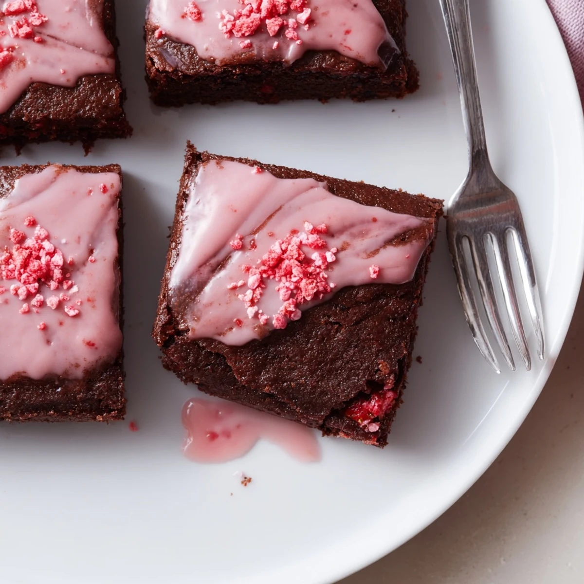 A square of Strawberry Brownies Recipe, glossy glaze, garnished with pillowy whipped cream.