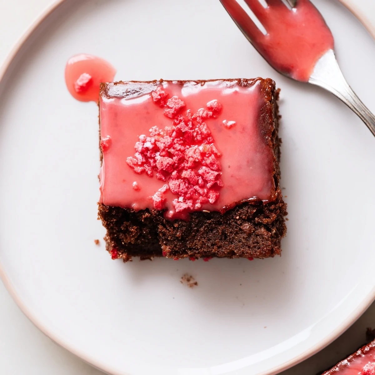 Fresh baked Strawberry Brownies Recipe displayed on parchment, steam still rising.