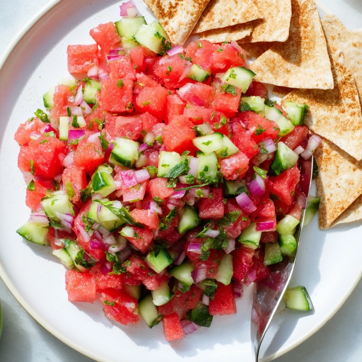 Watermelon Salsa With Cinnamon Tortilla Chips piled on a picnic table, glistening.  