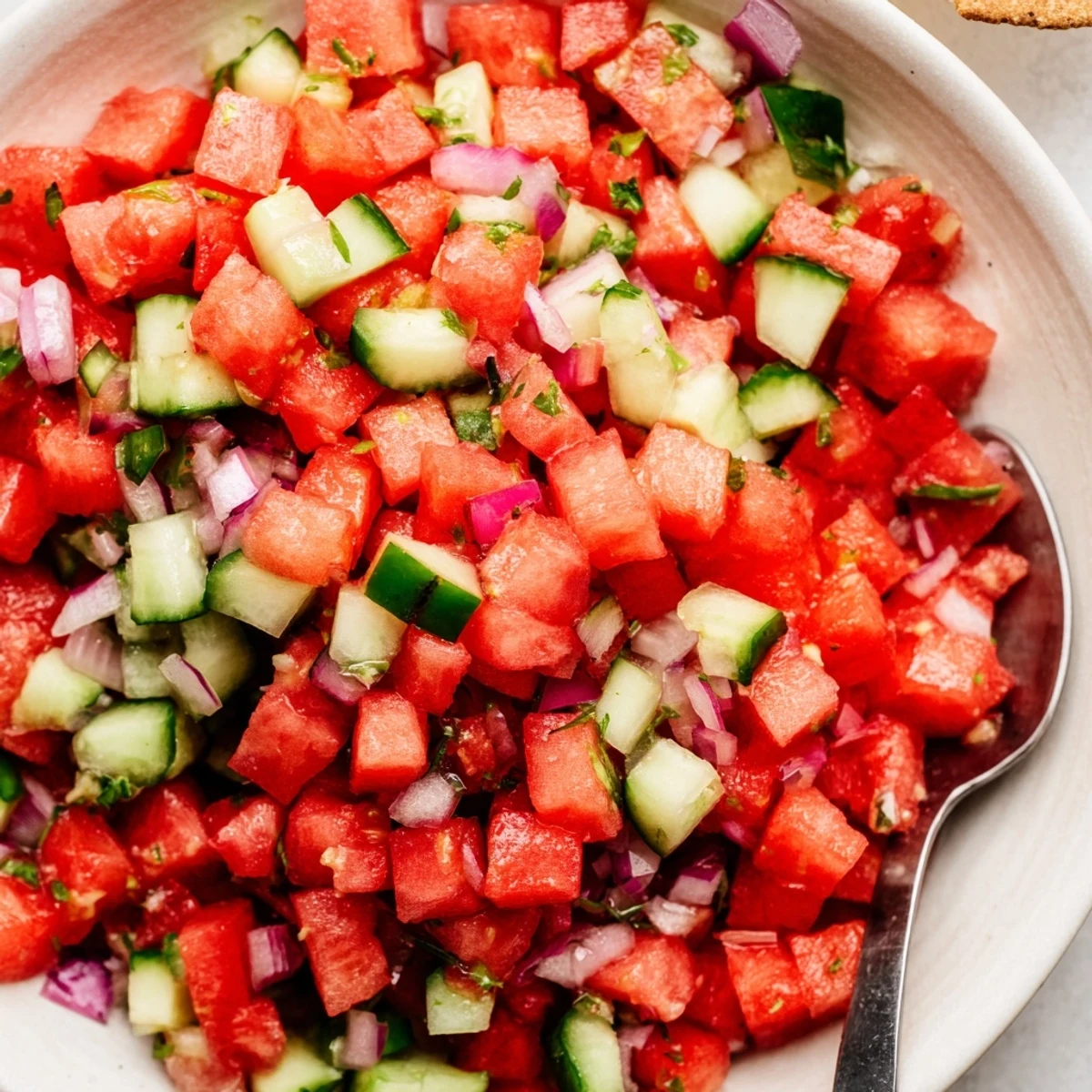 Chilled Watermelon Salsa With Cinnamon Tortilla Chips paired with lime wedges.  