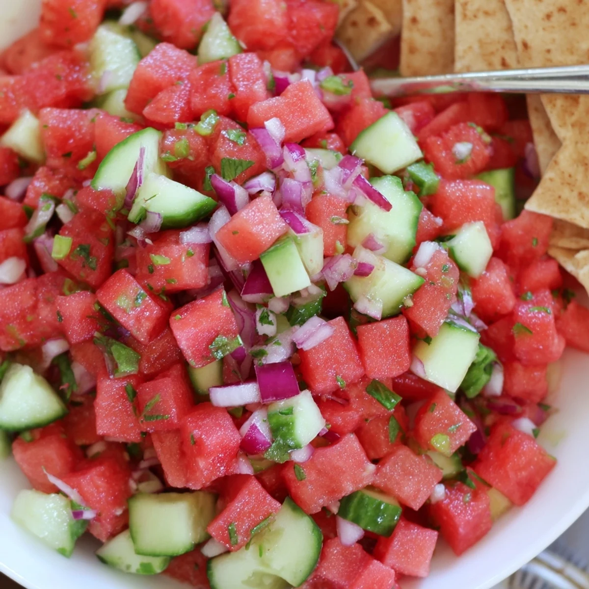 Bright bowl of Watermelon Salsa With Cinnamon Tortilla Chips beside buttery golden wedges.