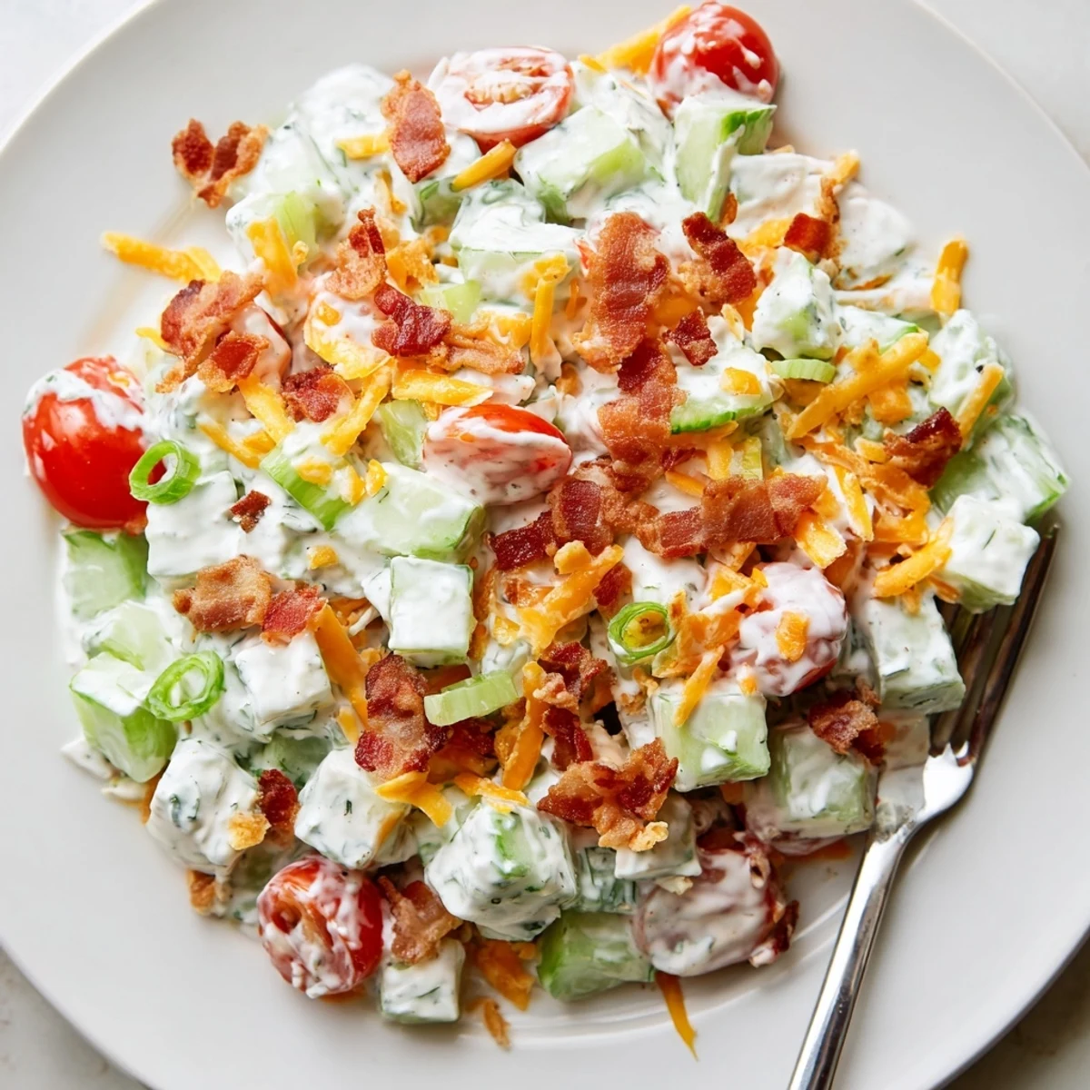 Homestyle Cucumber Ranch Crack Salad Recipe in bowl, chip-topped, chilled, picnic-ready