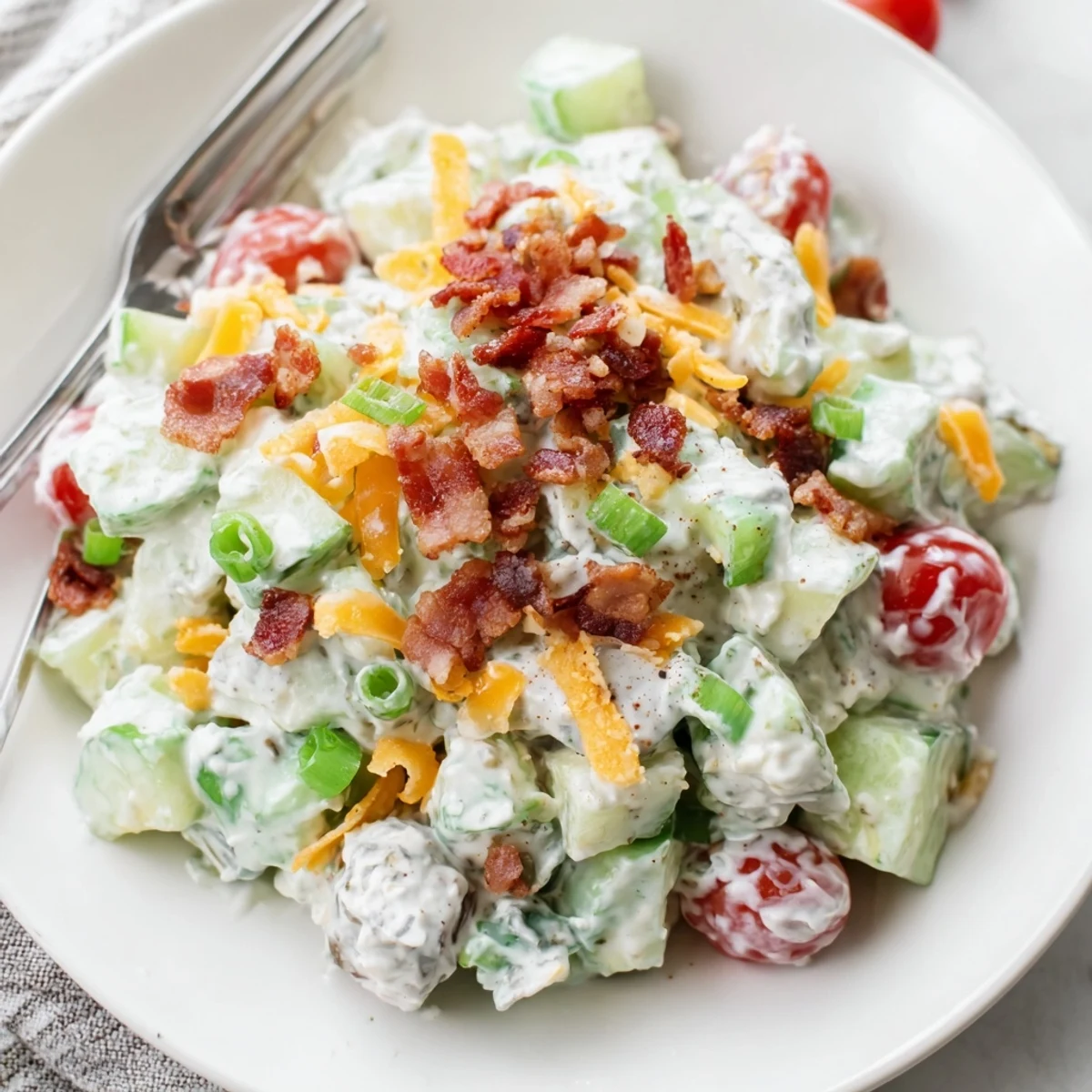 Summer-ready Cucumber Ranch Crack Salad Recipe tossed with cheddar, green onions, crunch