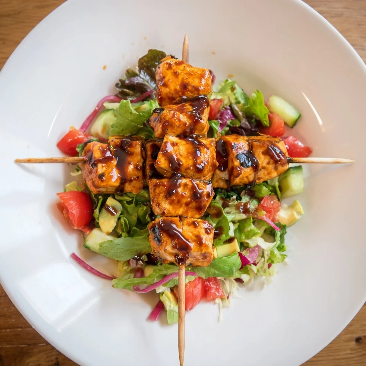 Bbq Chicken Skewer Salad Recipe with charred chicken, crisp greens, zesty dressing