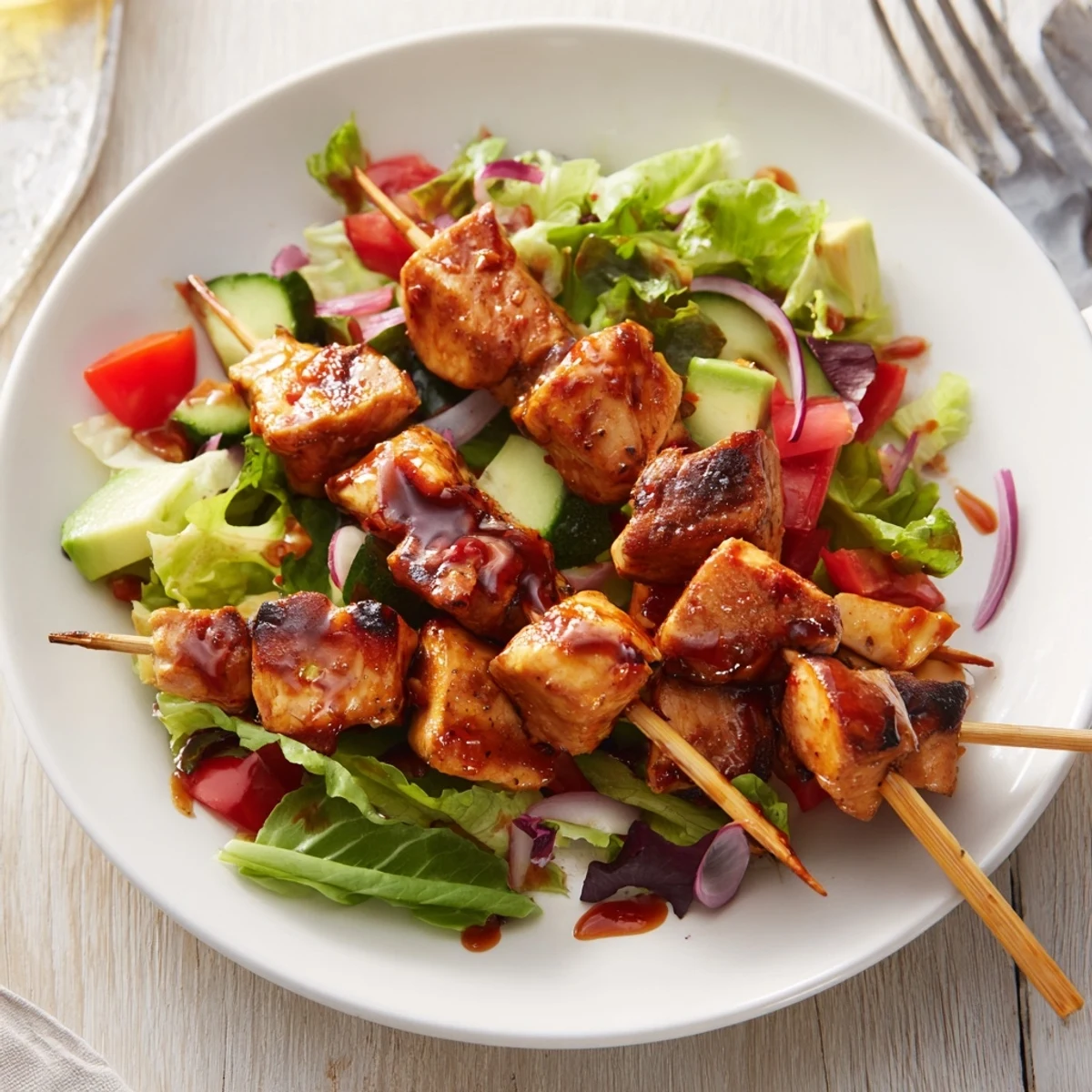 Smoky Bbq Chicken Skewer Salad Recipe garnished with cherry tomatoes and lemon