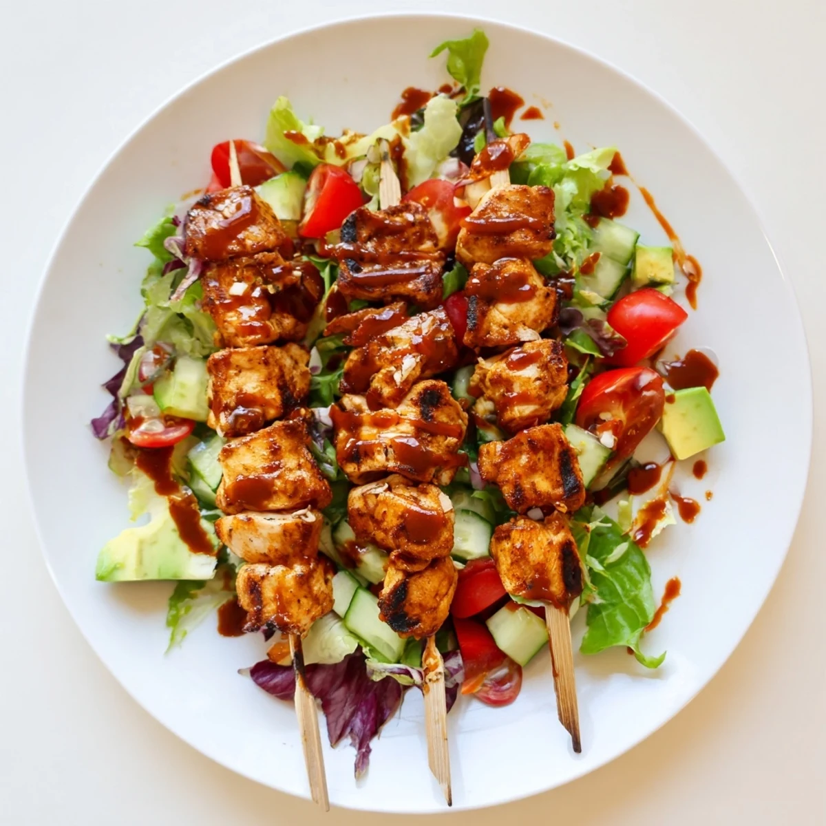 Serve Bbq Chicken Skewer Salad Recipe warm in bowls topped with sliced avocado