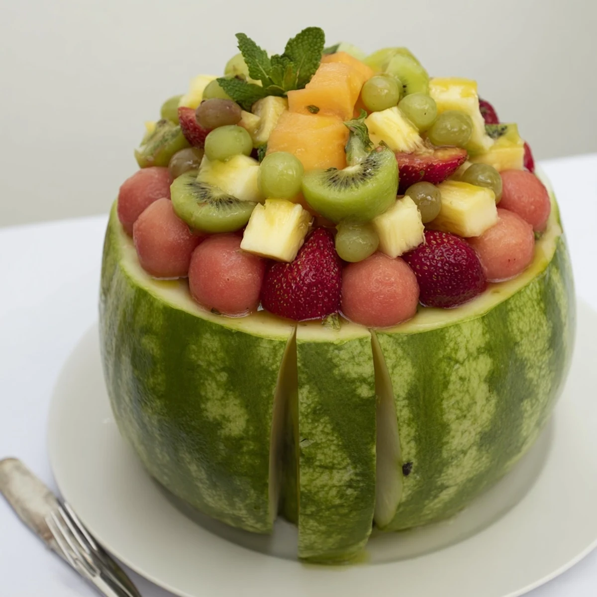 Hand-carved Watermelon Basket filled with juicy melon balls and fresh mint
