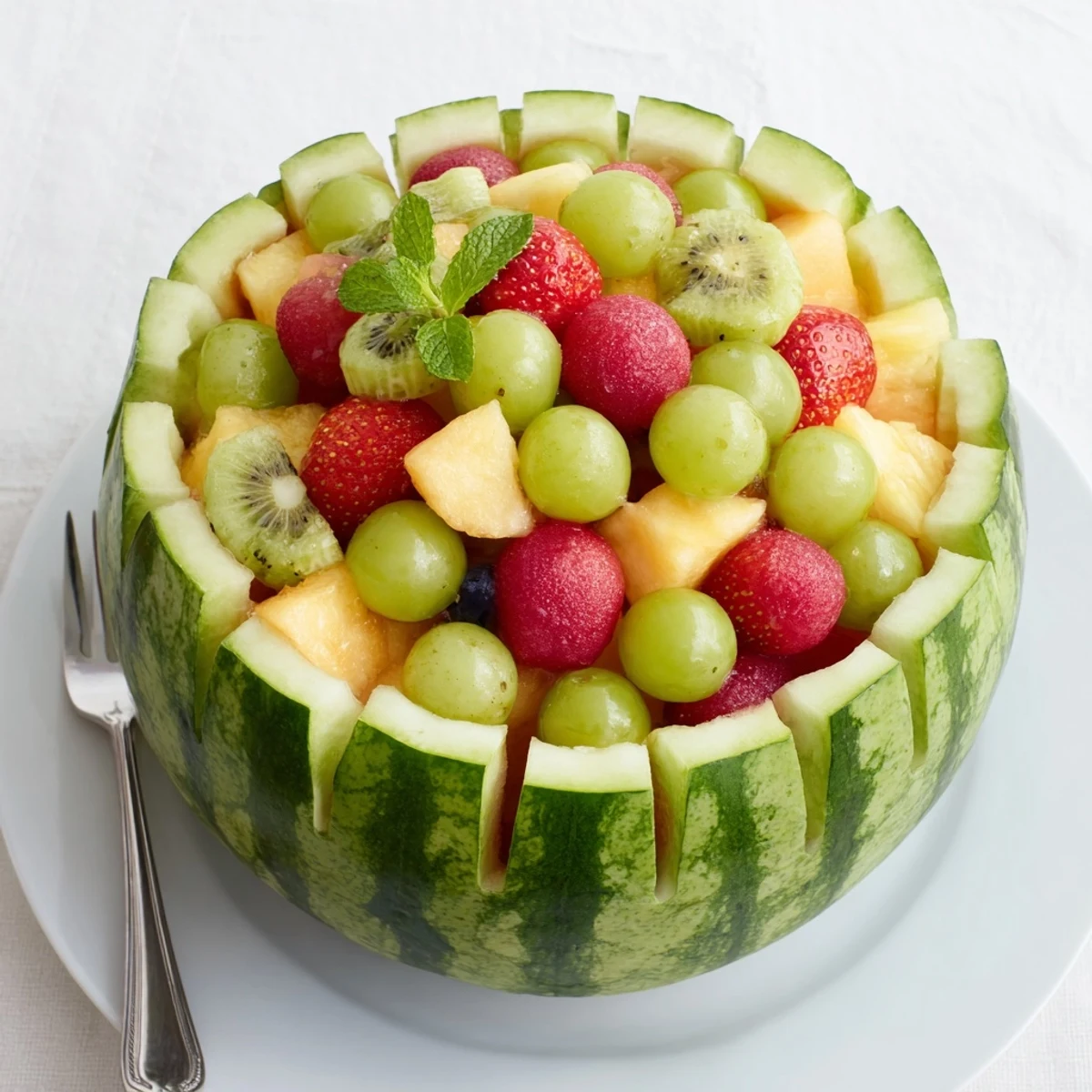 Bright Watermelon Basket presentation on a platter, garnished with lime drizzle