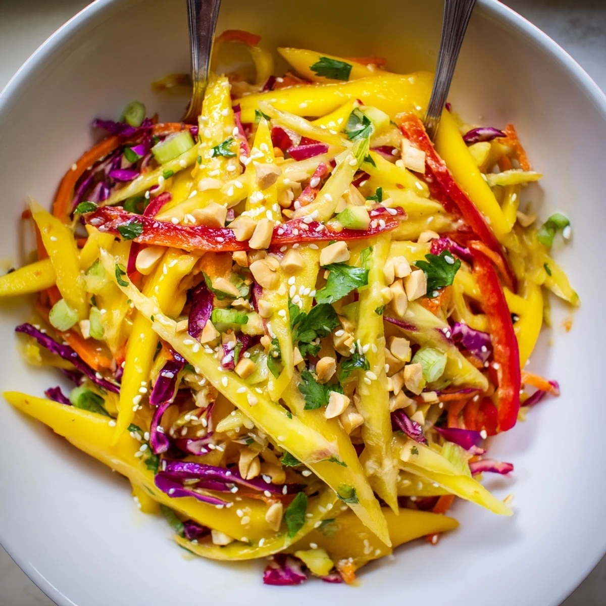 Refreshing Mango Slaw Recipe with julienned mango, crunchy cabbage, zesty lime dressing