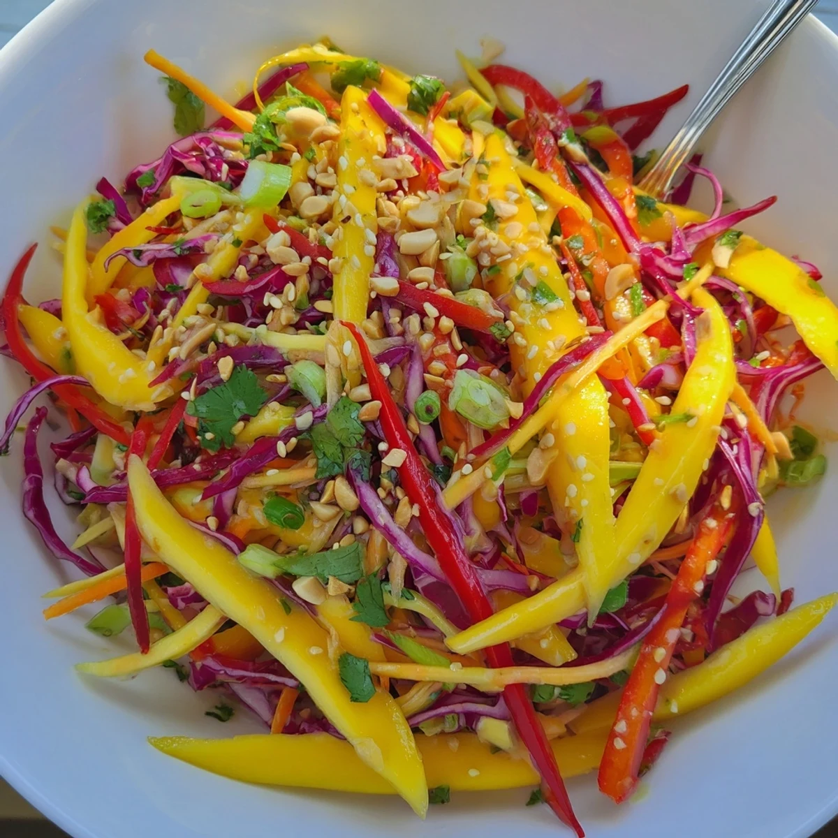 Make ahead Refreshing Mango Slaw Recipe tossed with cilantro, sesame seeds, and peanuts