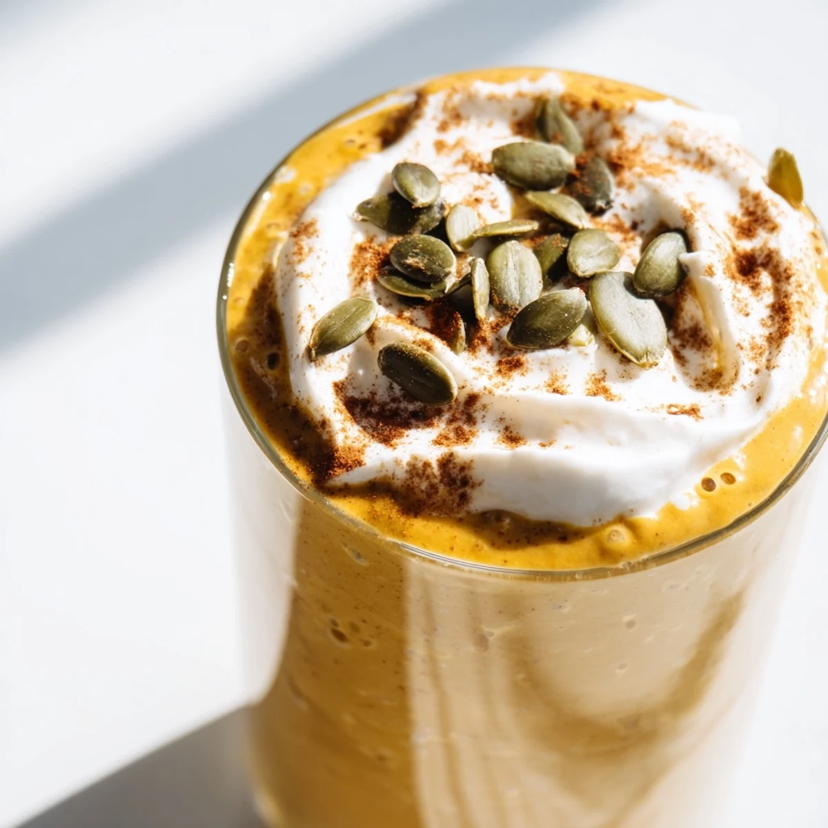 Creamy pumpkin chia refreshment topped with whipped cream and toasted pumpkin seeds in a clear glass