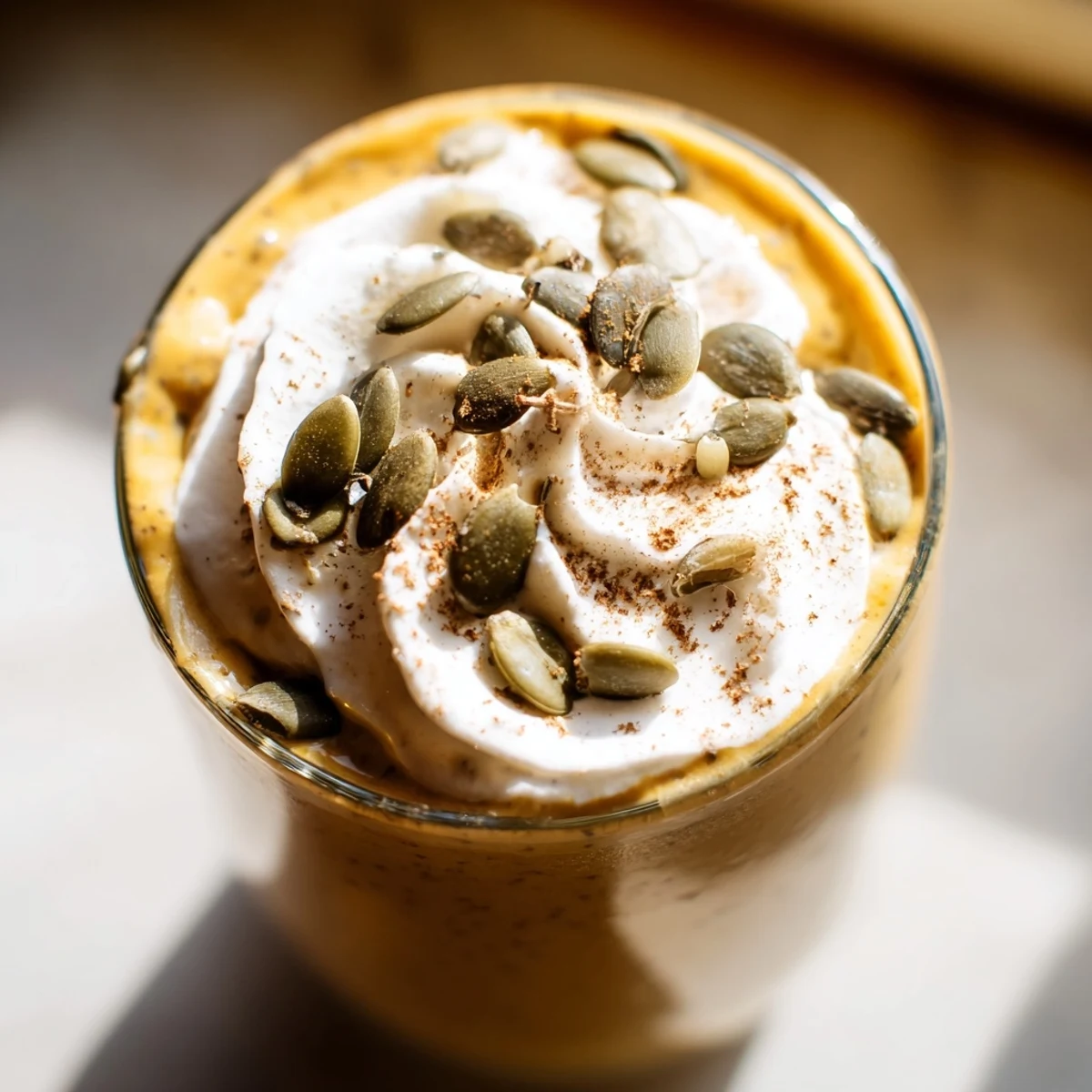 Chilled pumpkin spice drink with chia seeds garnished with coconut cream and cinnamon dusting