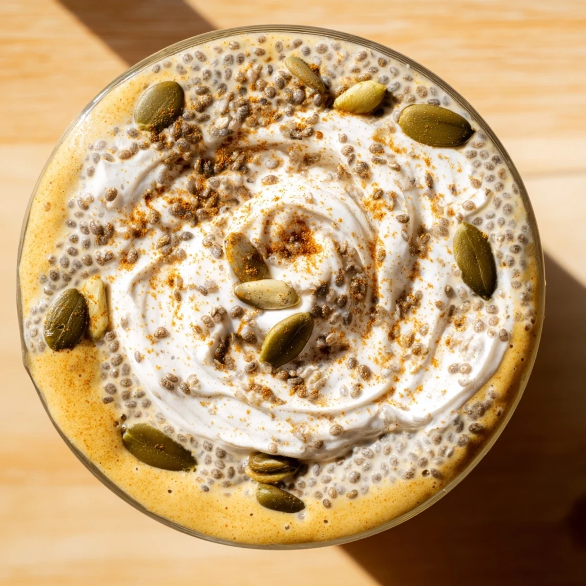 Silky pumpkin chia beverage layered with whipped topping and crunchy pumpkin seeds for fall