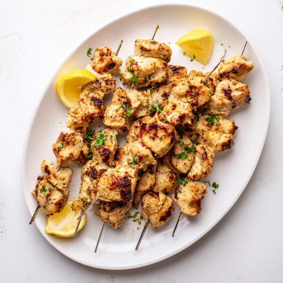 Golden Greek yogurt marinated chicken skewers grilled to juicy perfection with visible char marks on a wooden platter