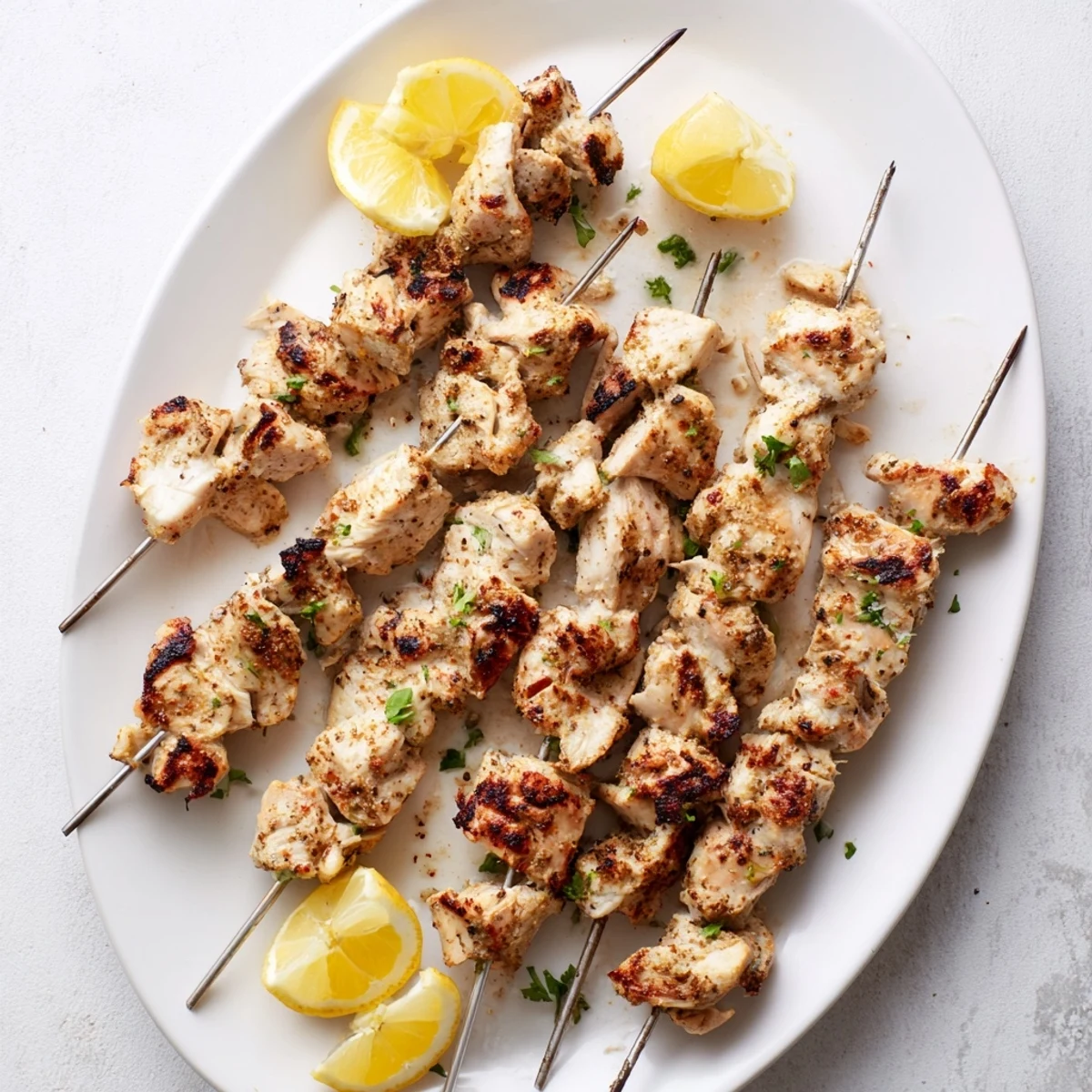 Delicious Greek yogurt marinated chicken skewers featuring succulent herb spiced pieces threaded onto skewers ready for grilling
