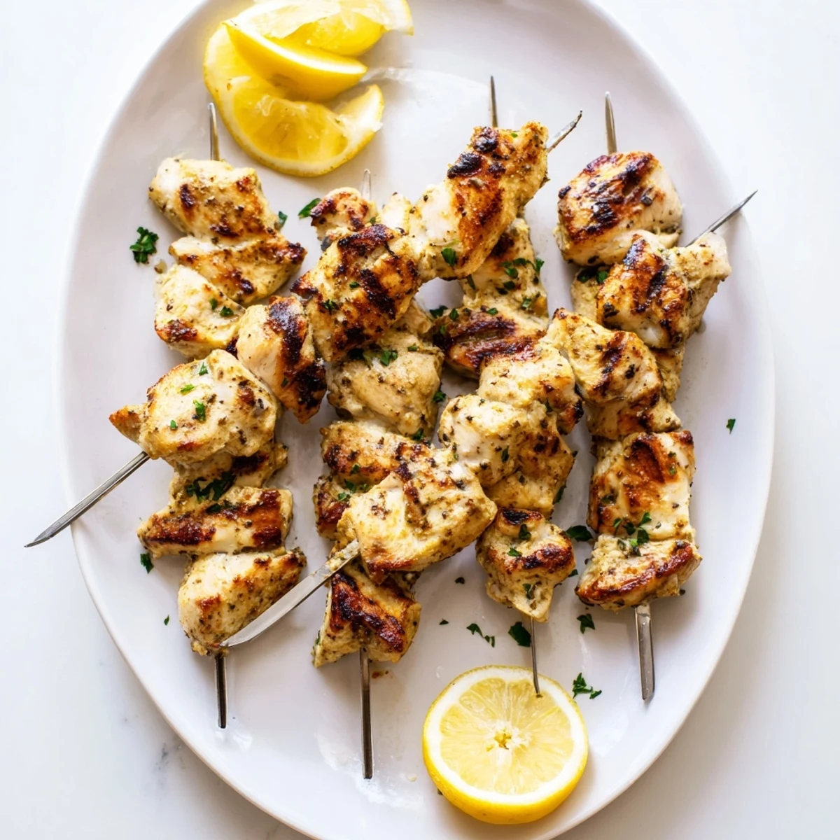 Tender Greek yogurt marinated chicken skewers arranged on a serving plate with fresh lemon wedges and parsley garnish