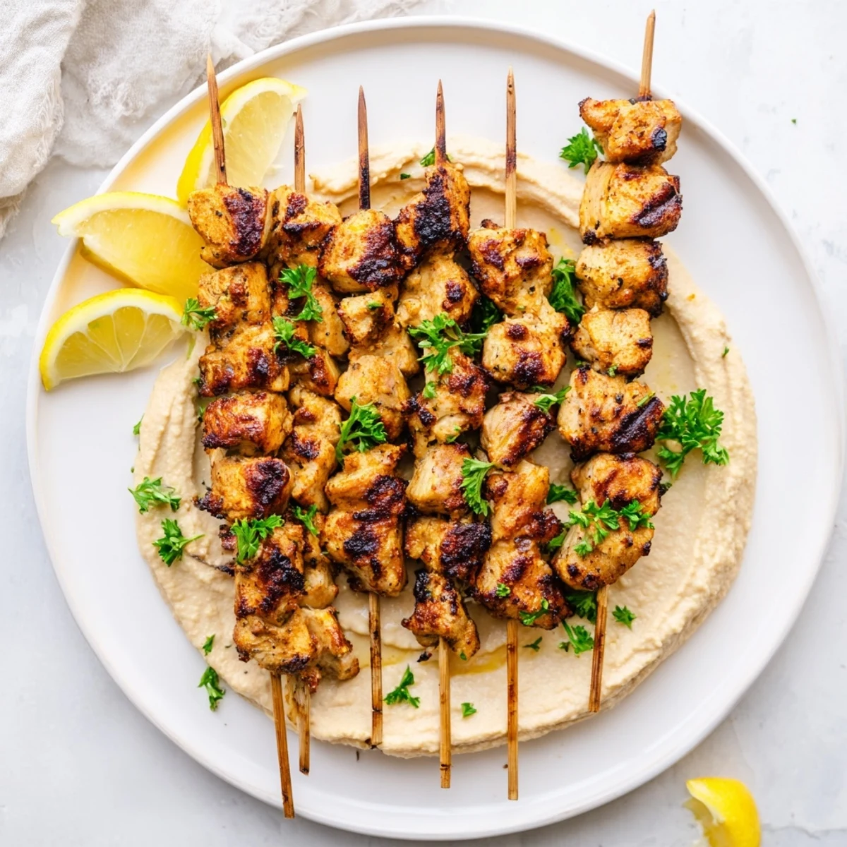 Golden grilled Mediterranean chicken skewers arranged over creamy homemade hummus with fresh parsley garnish