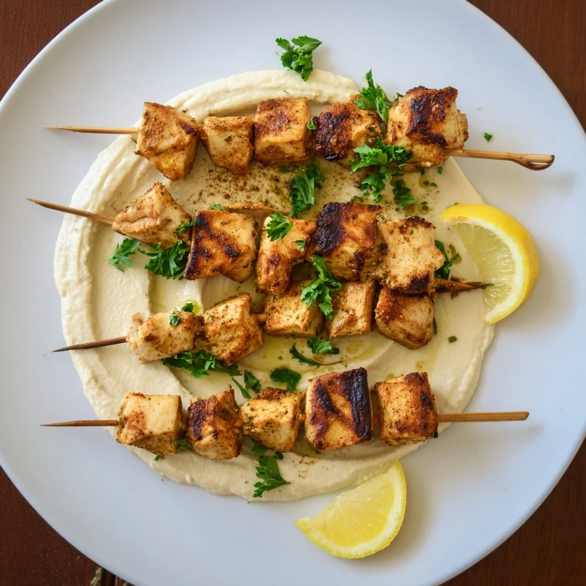 Tender marinated chicken threaded on skewers grilled to perfection alongside smooth lemon-garlic hummus spread