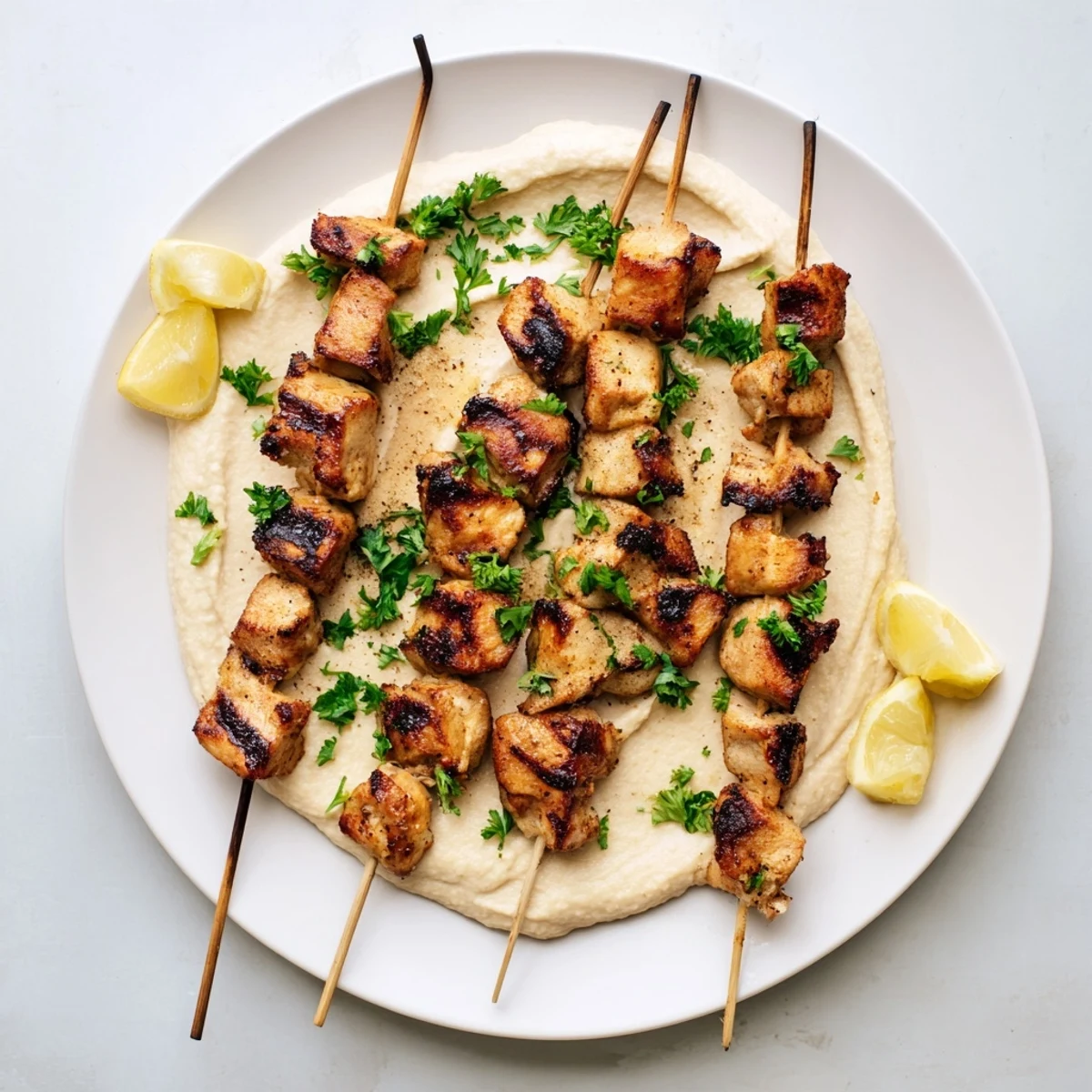 Savory Mediterranean chicken skewers with charred edges resting atop a bed of velvety classic hummus