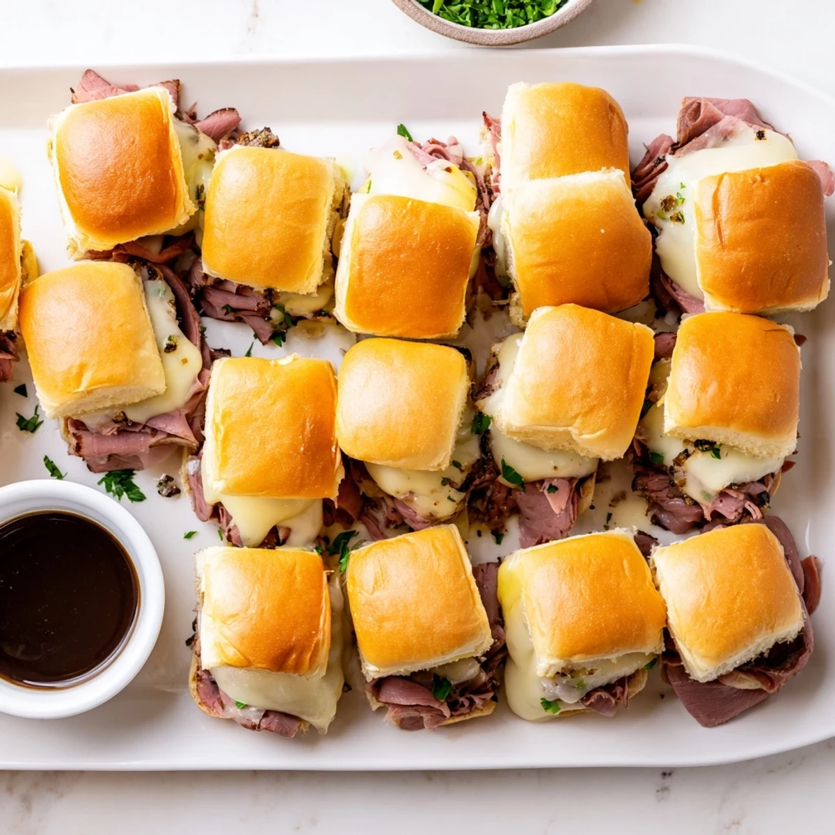 Baked French dip sliders featuring gooey cheese, sliced beef, and golden brown buns ready for dipping