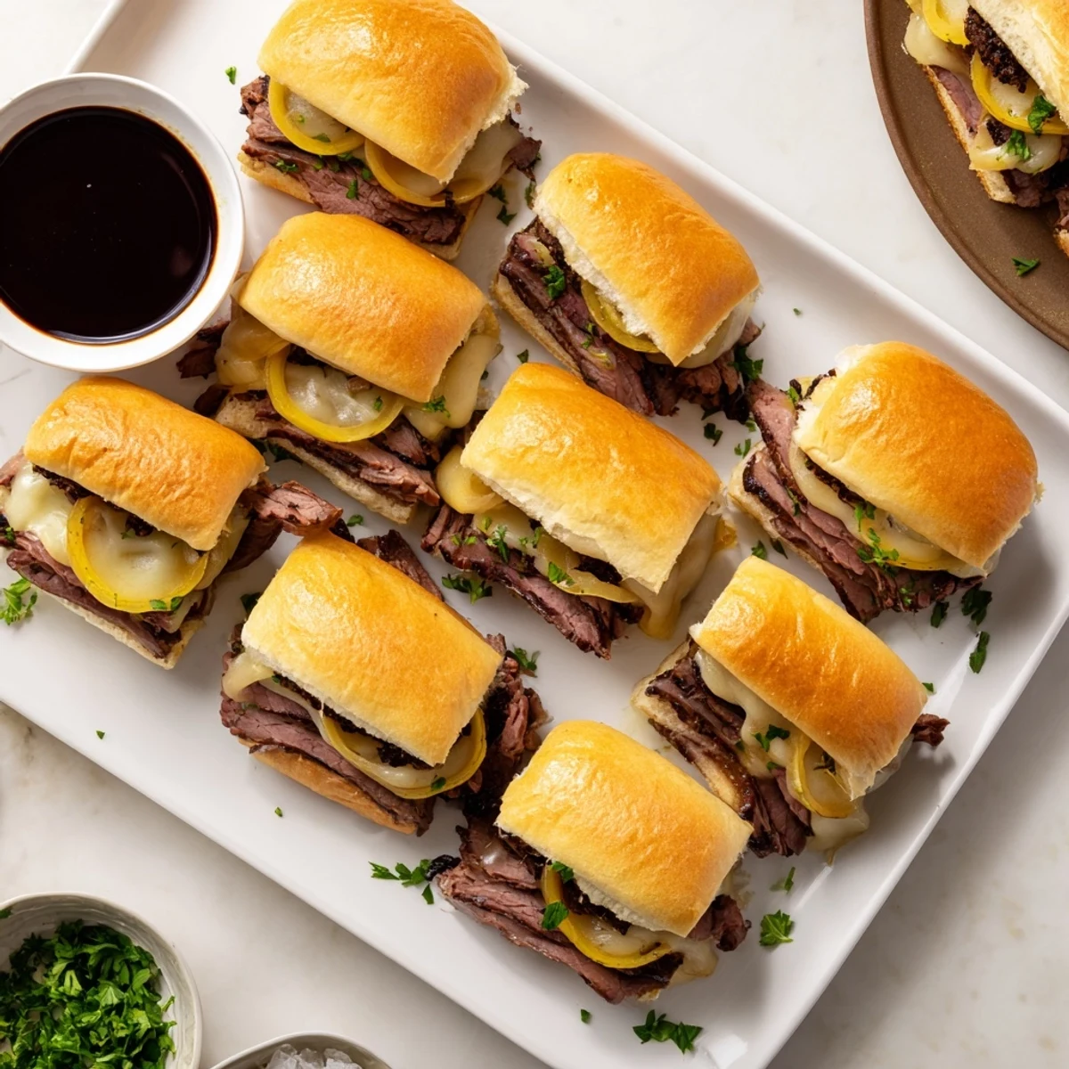 Classic French dip sliders with caramelized onions and savory beef served alongside rich au jus sauce