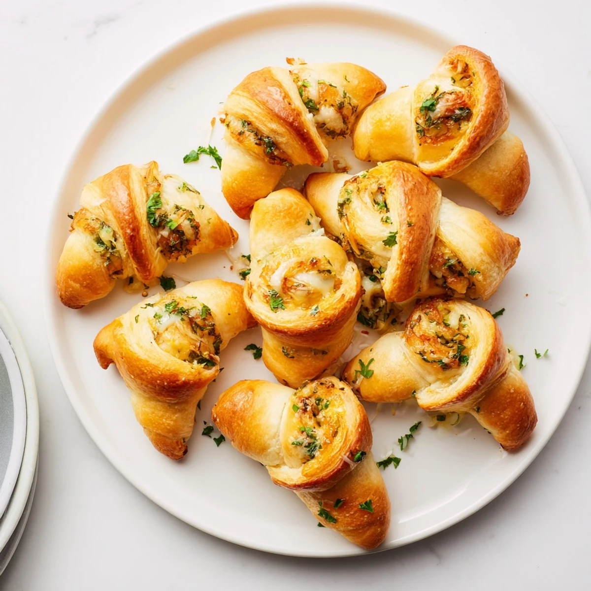 Warm flaky crescent rollups stuffed with three cheeses and coated in rich garlic butter