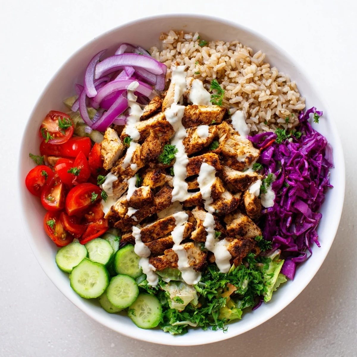 Colorful healthy chicken shawarma bowl topped with spiced chicken and fresh vegetables