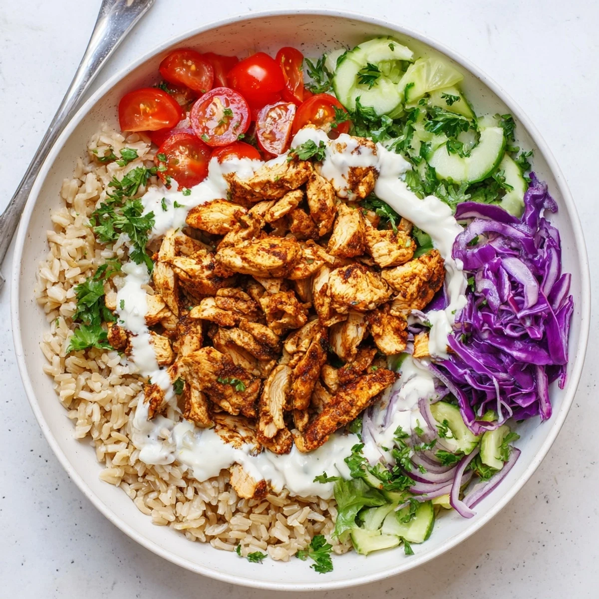Spiced sliced chicken arranged over grains with crisp veggies and creamy tahini yogurt sauce