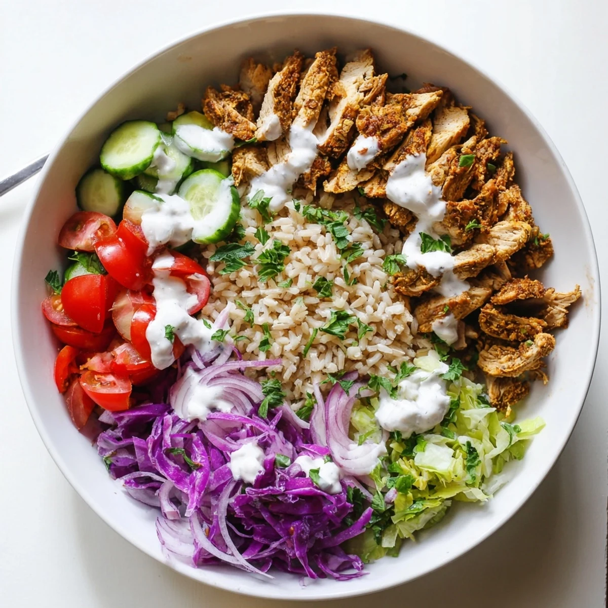 Nutritious Middle Eastern chicken shawarma bowl featuring juicy seasoned meat and colorful salad toppings