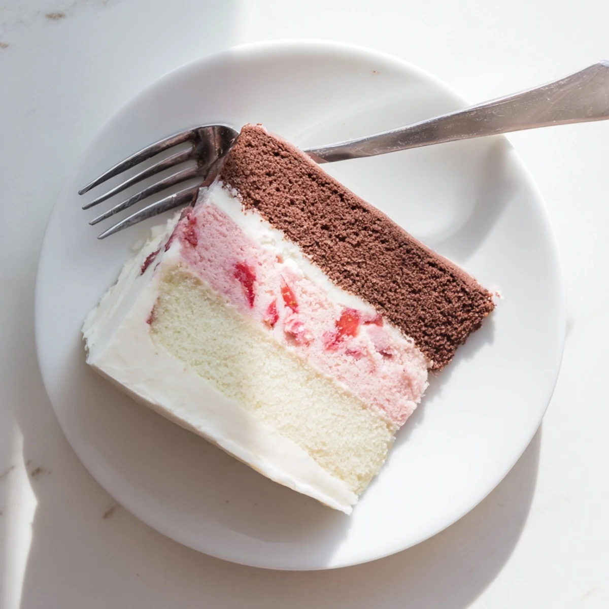 Three-tiered Neapolitan cake with vibrant striped layers topped with white buttercream and festive sprinkles