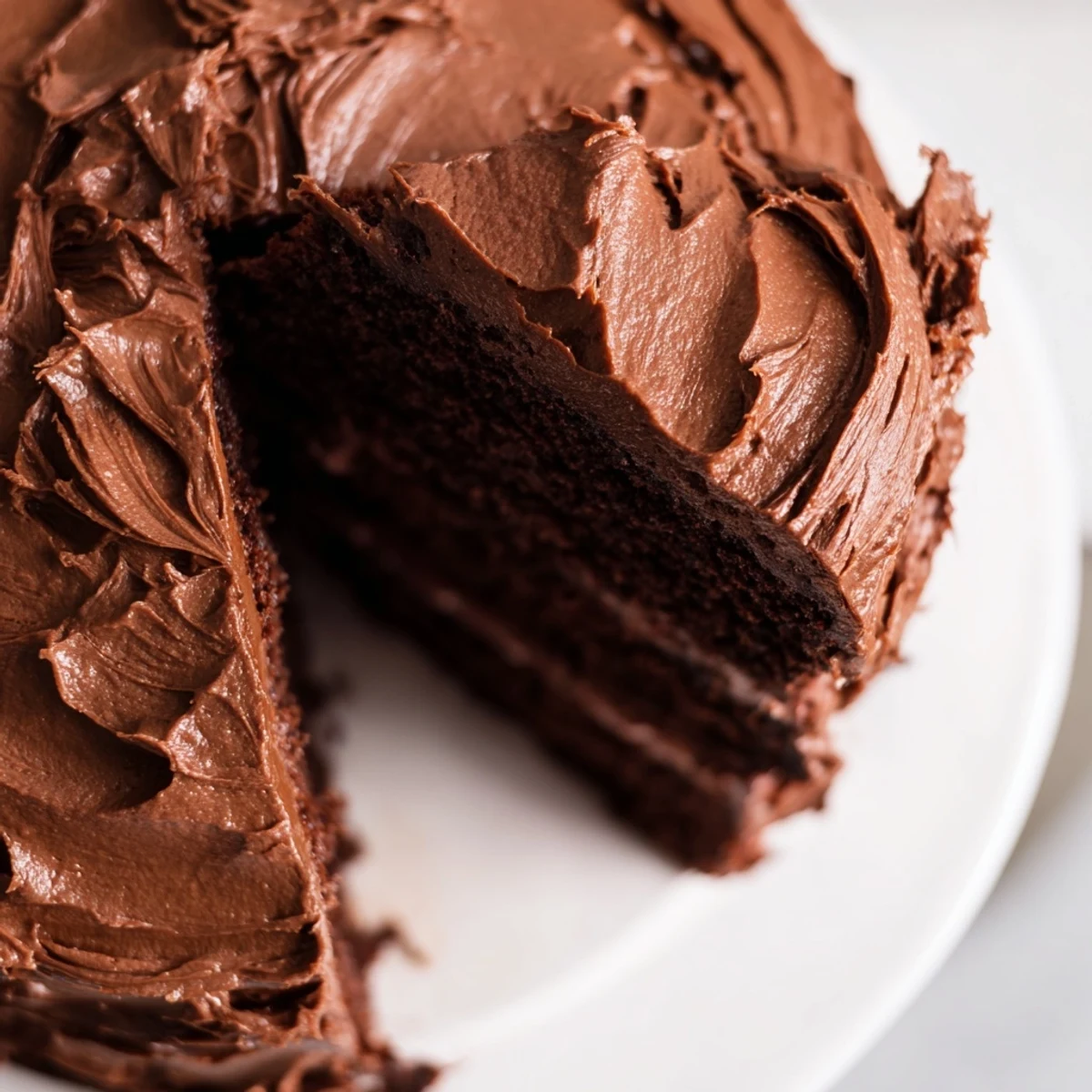Moist double-layer Matilda chocolate cake topped with creamy buttercream and chocolate ganache