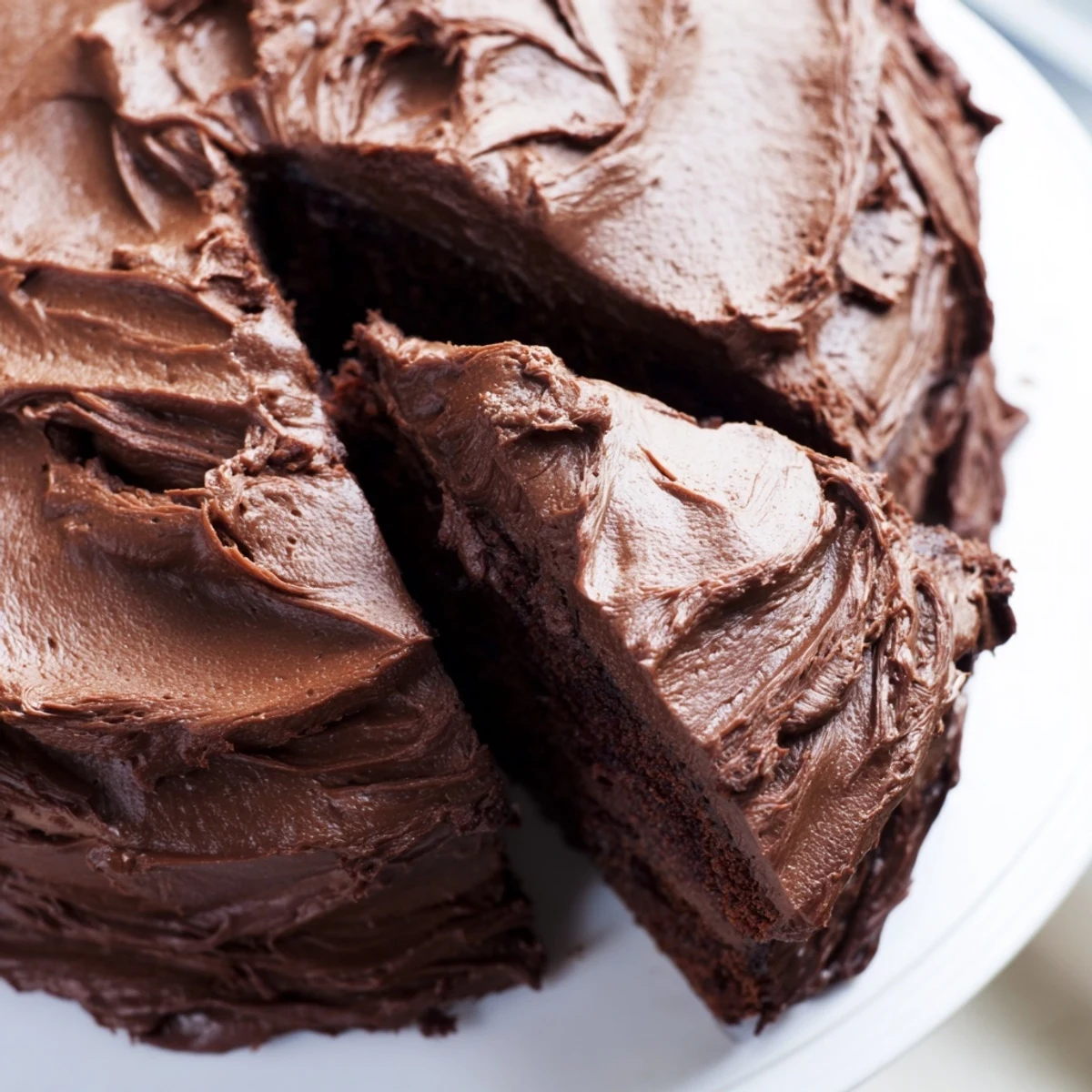 Slice of indulgent Matilda chocolate cake showcasing dark crumb and velvety chocolate frosting