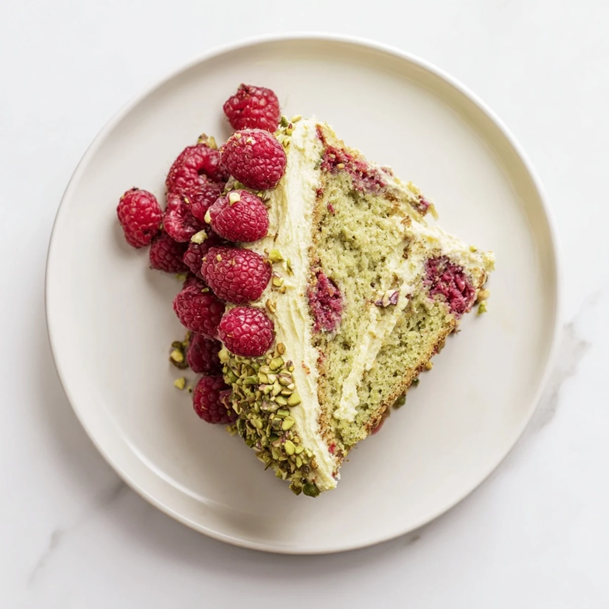Moist pistachio raspberry cake topped with creamy frosting and scattered red berries