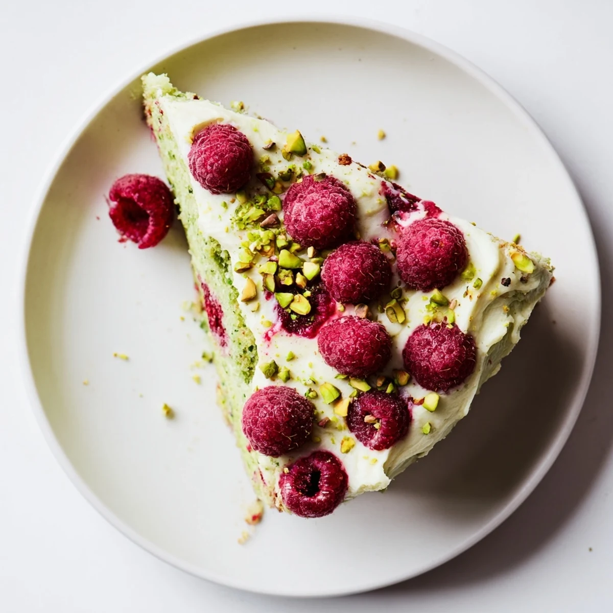 Slice of green pistachio raspberry cake with cream cheese frosting and fresh raspberries