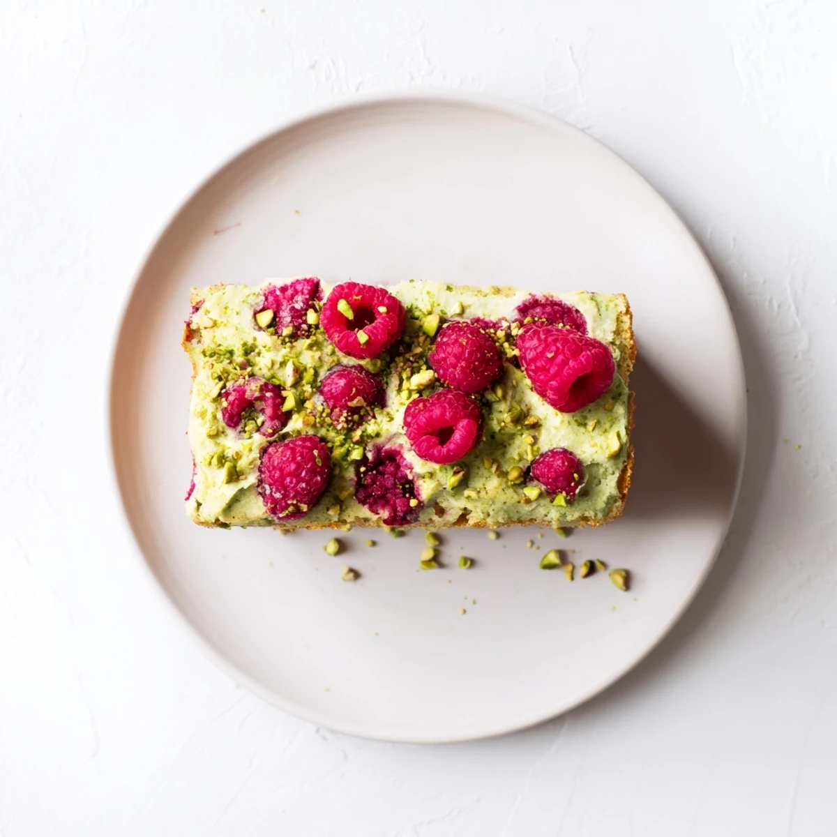 Homemade pistachio raspberry cake dessert slice sprinkled with chopped nuts and berries