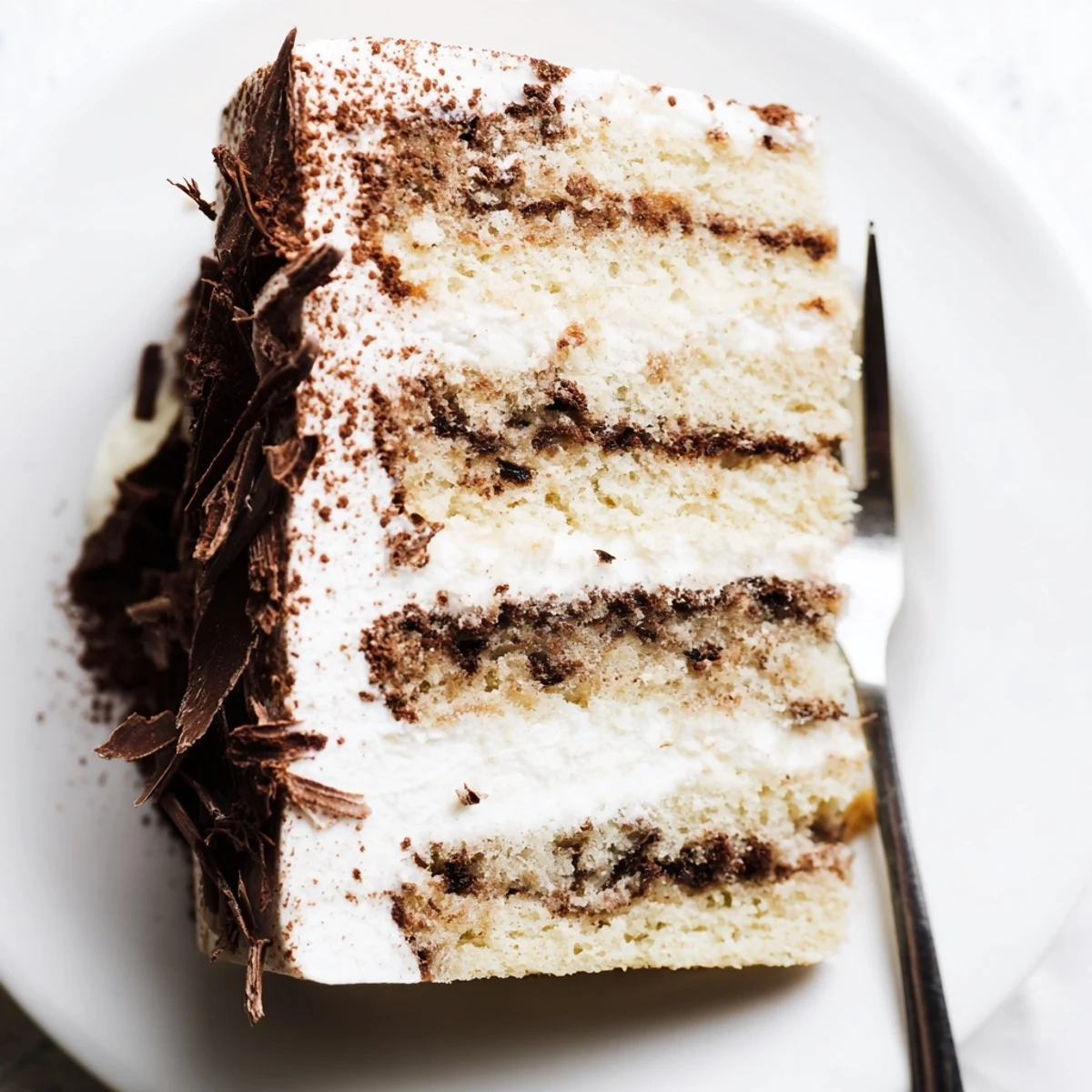 Slice of Tiramisu Cake revealing fluffy coffee-soaked layers and creamy mascarpone filling dusted with cocoa