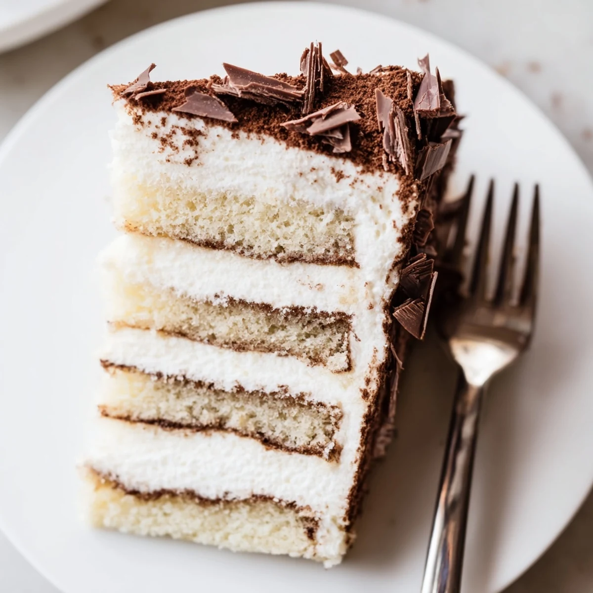 Tiramisu Cake layered dessert with espresso syrup, whipped mascarpone, and dark chocolate shavings on a white plate