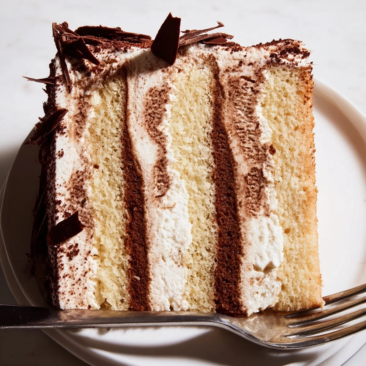 Homemade Tiramisu Cake cross-section showing moist sponge cake, coffee syrup, and smooth mascarpone cream topping
