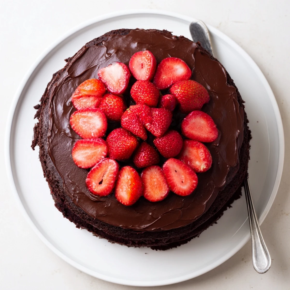 Decadent strawberry chocolate cake showcasing rich chocolate ganache layers and fresh strawberry topping