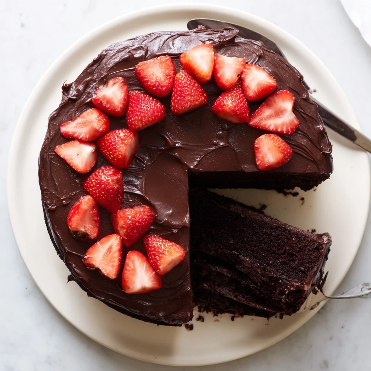 Sliced strawberry chocolate cake revealing moist chocolate crumb and luscious ganache filling between layers