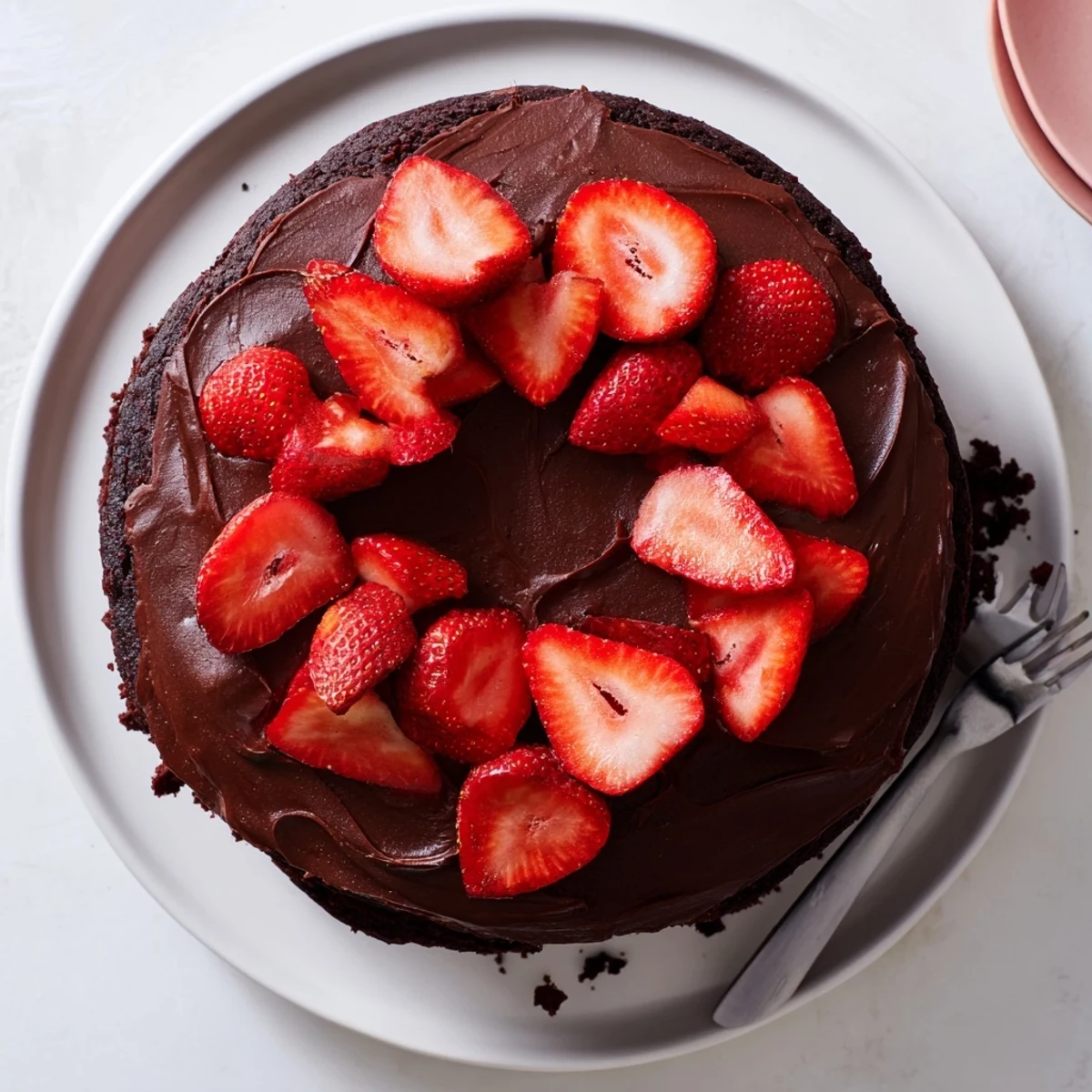 Elegant strawberry chocolate cake dessert with glossy chocolate frosting and ruby red strawberry garnish