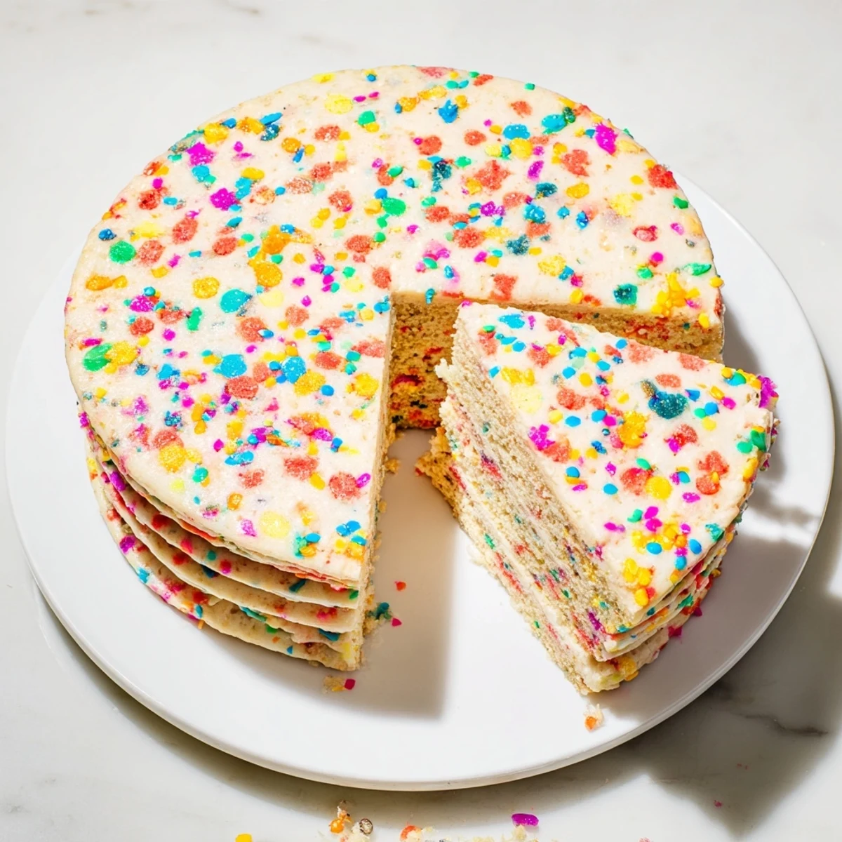 Two-tier funfetti cake covered in creamy white buttercream and topped with colorful rainbow sprinkles