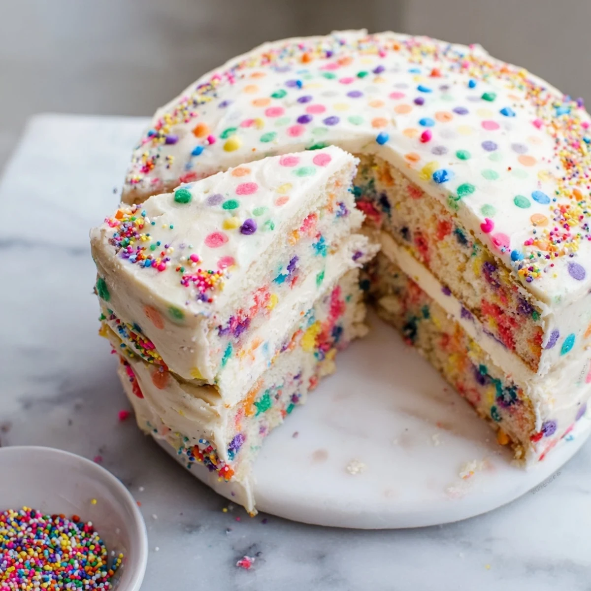 Golden slice of funfetti cake revealing rainbow sprinkles throughout the fluffy white vanilla layers