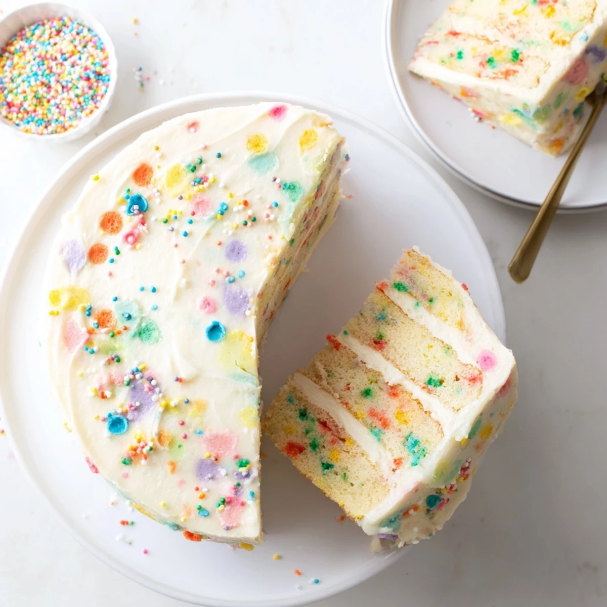 Festive funfetti cake slice on a white plate showing speckled rainbow confetti inside the crumb