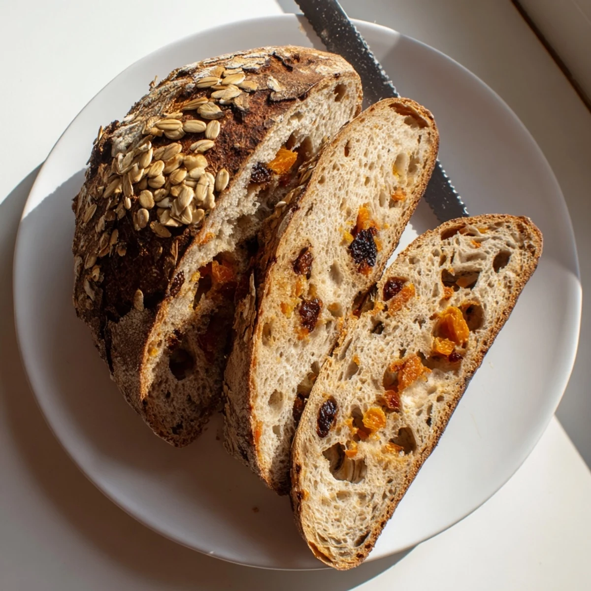 Golden brown carrot cake sourdough bread loaf sliced revealing moist crumb with grated carrots and warm spices