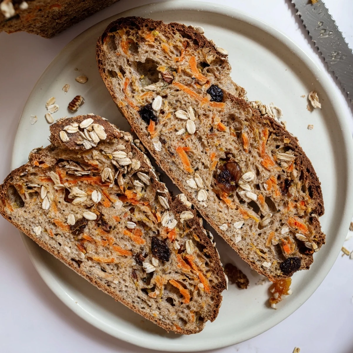 Crusty carrot cake sourdough bread topped with oats and seeds next to a cup of coffee